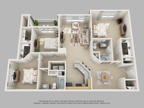 Edgewater Vista Apartments, Decatur Georgia, 2x3 Elderberry 3d floorplan